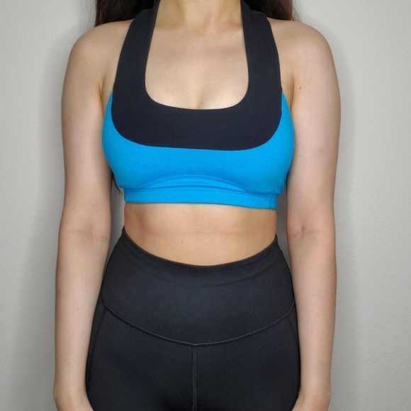 Lululemon Blue & Black Logo Scoop Neck Mesh Racerback Sports Bra - Picture 2 of 8